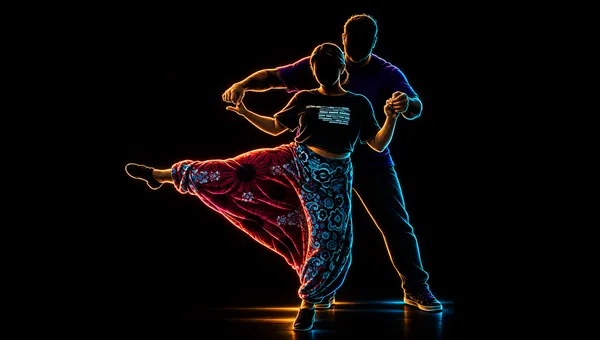 Two dancers mid-move at a social dance night